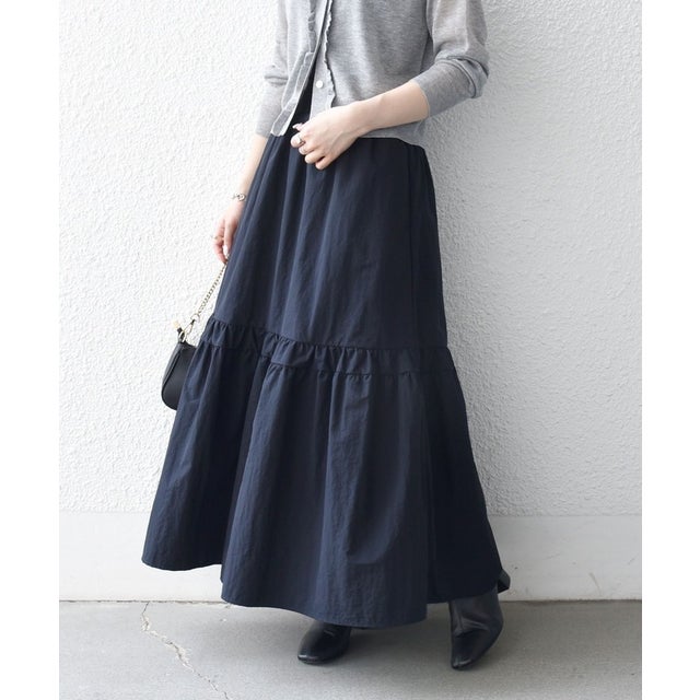 〈洗濯機可能〉ウエスト リブ ギャザー スカート［NAVY BLUE］ （ネイビー）