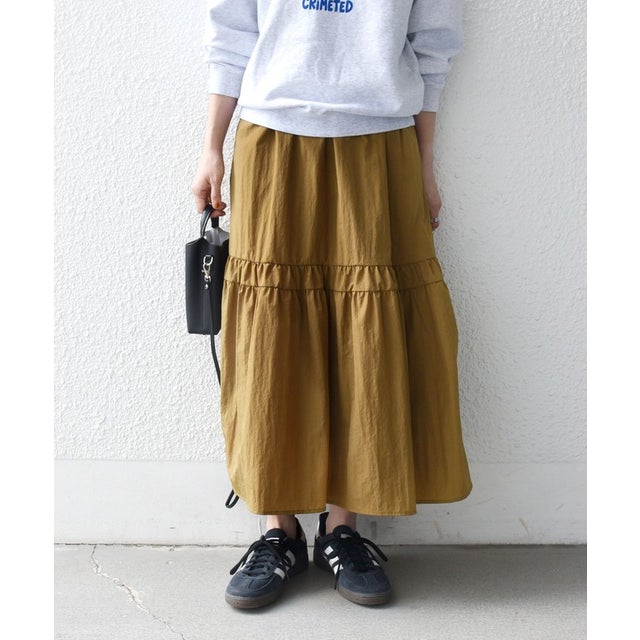 〈洗濯機可能〉ウエスト リブ ギャザー スカート［NAVY BLUE］ （キャメル）