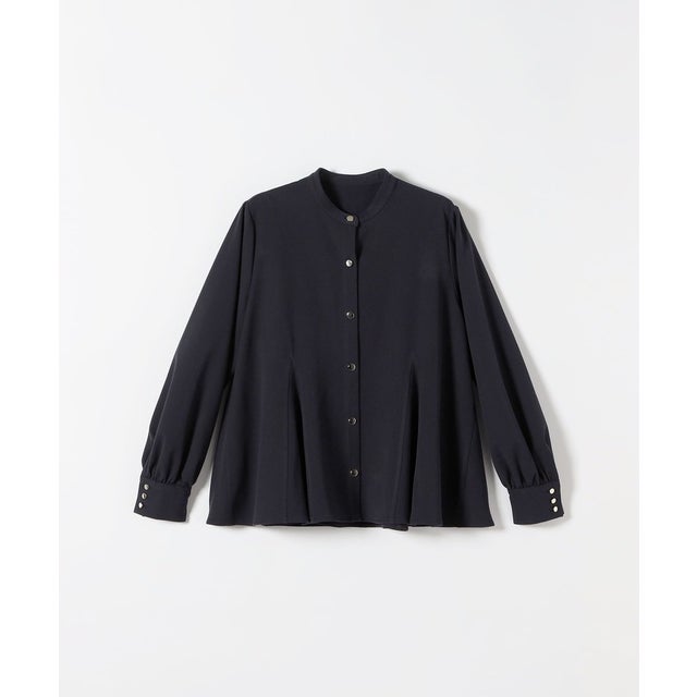 〈洗濯機可能〉裏起毛 バンドカラー フレア ブラウス［NAVY BLUE］ （ネイビー）