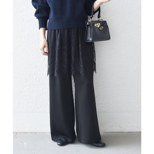 《予約》〈洗濯機可能〉レース レイヤード サテン ワイド パンツ （ブラック）