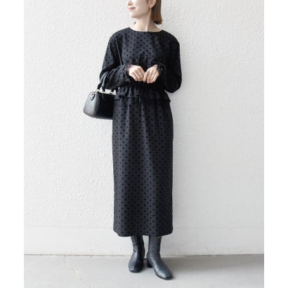 〈洗濯機可能〉フロッキー ドット レース ペプラム ワンピース ［NAVY BLUE］ （ブラック）｜詳細画像