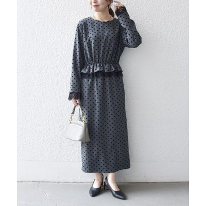 〈洗濯機可能〉フロッキー ドット レース ペプラム ワンピース ［NAVY BLUE］ （ブラック）｜詳細画像