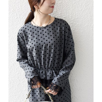 〈洗濯機可能〉フロッキー ドット レース ペプラム ワンピース ［NAVY BLUE］ （ブラック）｜詳細画像