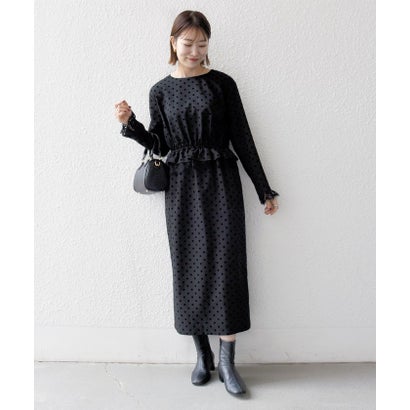 〈洗濯機可能〉フロッキー ドット レース ペプラム ワンピース ［NAVY BLUE］ （ブラック）｜詳細画像