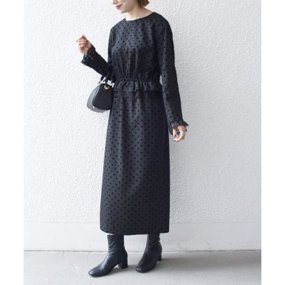 〈洗濯機可能〉フロッキー ドット レース ペプラム ワンピース ［NAVY BLUE］ （ブラック）｜詳細画像