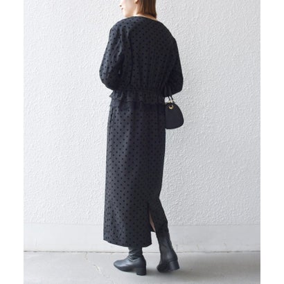 〈洗濯機可能〉フロッキー ドット レース ペプラム ワンピース ［NAVY BLUE］ （チャコールグレー）｜詳細画像