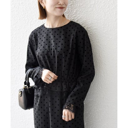 〈洗濯機可能〉フロッキー ドット レース ペプラム ワンピース ［NAVY BLUE］ （チャコールグレー）｜詳細画像