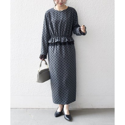 〈洗濯機可能〉フロッキー ドット レース ペプラム ワンピース ［NAVY BLUE］ （チャコールグレー）｜詳細画像