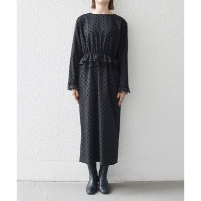 〈洗濯機可能〉フロッキー ドット レース ペプラム ワンピース ［NAVY BLUE］ （チャコールグレー）｜詳細画像