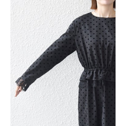 〈洗濯機可能〉フロッキー ドット レース ペプラム ワンピース ［NAVY BLUE］ （チャコールグレー）｜詳細画像
