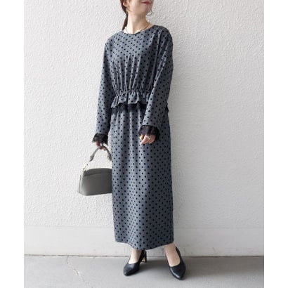 〈洗濯機可能〉フロッキー ドット レース ペプラム ワンピース ［NAVY BLUE］ （チャコールグレー）｜詳細画像