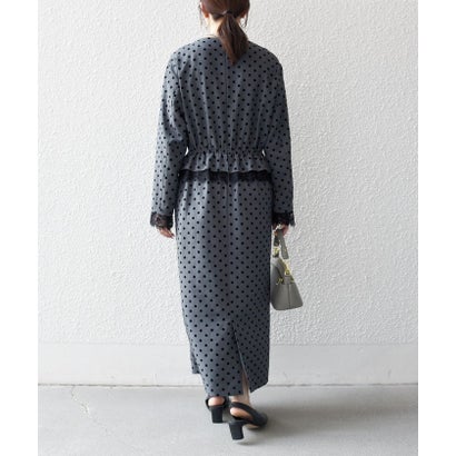 〈洗濯機可能〉フロッキー ドット レース ペプラム ワンピース ［NAVY BLUE］ （チャコールグレー）｜詳細画像