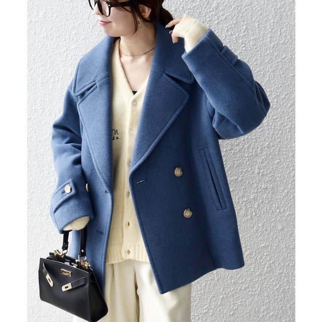 【WEB限定】カシミヤ ミックス テーラード ショート Pコート （ブルー系）