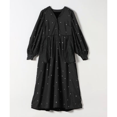 シップス エニィ SHIPS any 《追加予約》〈手洗い可能〉ポリエステル ベロア 刺繍 タック フレア ワンピース （ネイビー）｜詳細画像