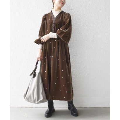 シップス エニィ SHIPS any 《追加予約》〈手洗い可能〉ポリエステル ベロア 刺繍 タック フレア ワンピース （ネイビー）｜詳細画像