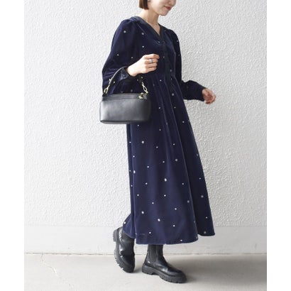 シップス エニィ SHIPS any 《追加予約》〈手洗い可能〉ポリエステル ベロア 刺繍 タック フレア ワンピース （ネイビー）｜詳細画像