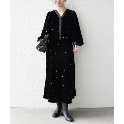 シップス エニィ SHIPS any 《追加予約》〈手洗い可能〉ポリエステル ベロア 刺繍 タック フレア ワンピース （ネイビー）｜詳細画像