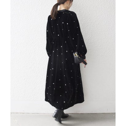 シップス エニィ SHIPS any 《追加予約》〈手洗い可能〉ポリエステル ベロア 刺繍 タック フレア ワンピース （ネイビー）｜詳細画像