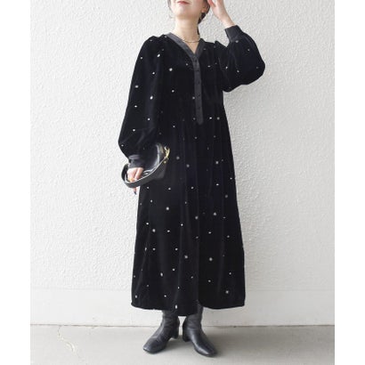 シップス エニィ SHIPS any 《追加予約》〈手洗い可能〉ポリエステル ベロア 刺繍 タック フレア ワンピース （ネイビー）｜詳細画像
