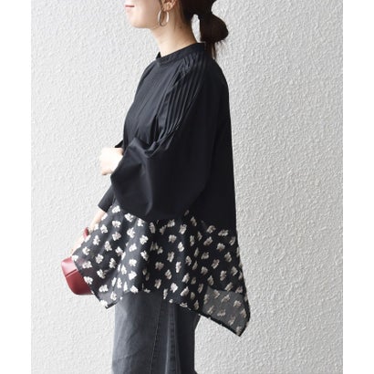 《予約》〈洗濯機可能〉ミモザ ジャカード ドッキング フレア ヘム プルオーバー ブラウス （ブラック）｜詳細画像