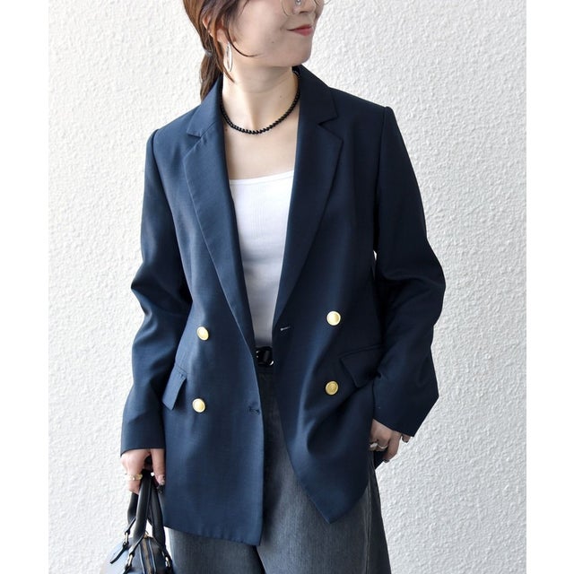 《予約》〈手洗い可能〉グレンチェック テーラード ダブル ジャケット［NAVY BLUE］ （ネイビー）