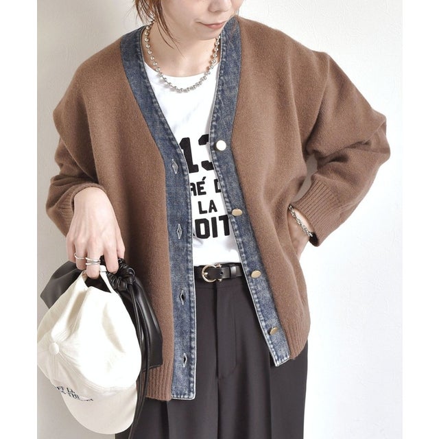 【WEB限定】〈手洗い可能〉デニム コンビ Vネック カーディガン◇ （ブラウン）