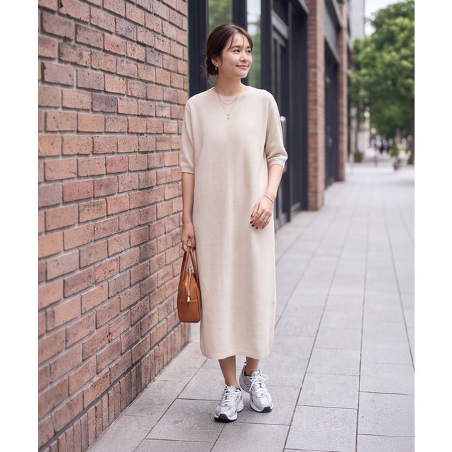 【LUXE】ウールカシミヤ6分袖ホールガーメントワンピース （ナチュラル）