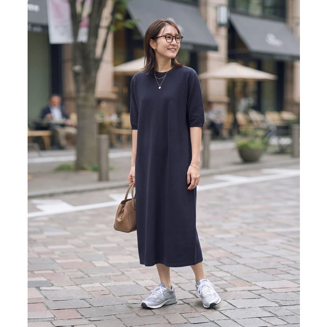 【LUXE】ウールカシミヤ6分袖ホールガーメントワンピース （ネイビー）
