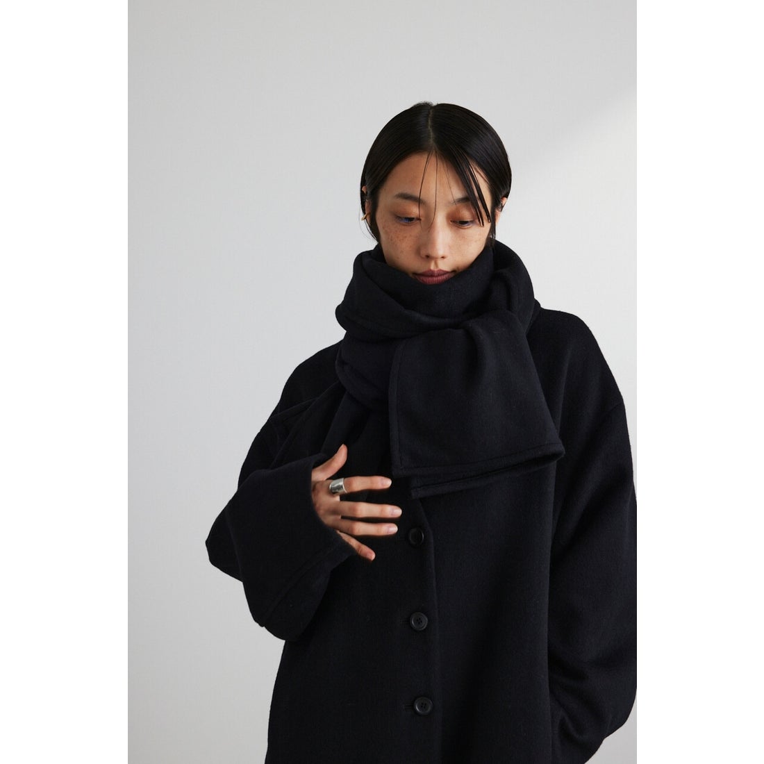 STYLEMIXER ショール付きウールノーカラーコート BLK -ファッション 