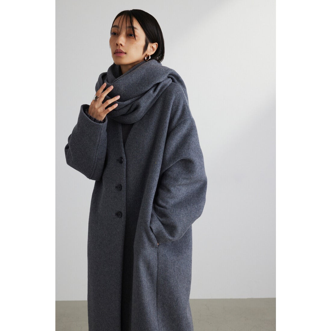 STYLEMIXER ショール付きウールノーカラーコート GRY -ファッション 