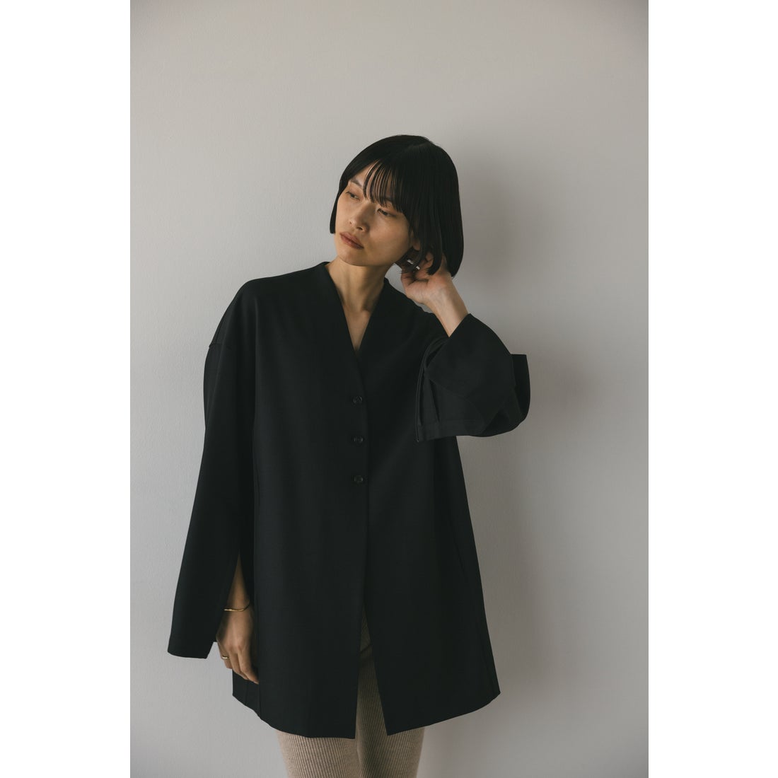 STYLEMIXER ジップデザインノーカラージャケット BLK -靴 