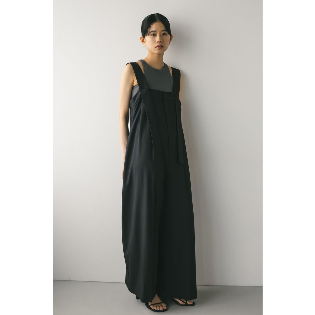 STYLEMIXER センタープレスワイドロンパース BLK -ファッション通販