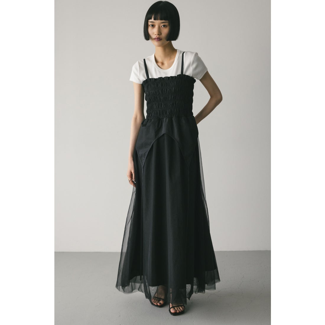 STYLEMIXER 2WAYシャーリングギャザーワンピース BLK -ファッション 