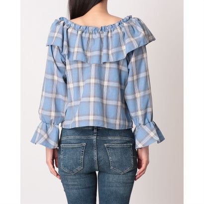 チェック柄フリルブラウス （ブルー）｜詳細画像