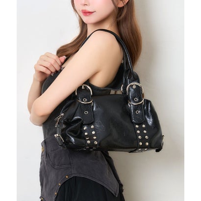 ティカ Tika スタッズ ベルト ショルダー フェイクレザー ボストンバッグ （ブラック）｜詳細画像