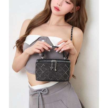 ティカ Tika キルテイング スタッズ装飾 かっこいい キラキラ 2way 長方形 ハンドバッグ ショルダーバッグ （ブラック）｜詳細画像
