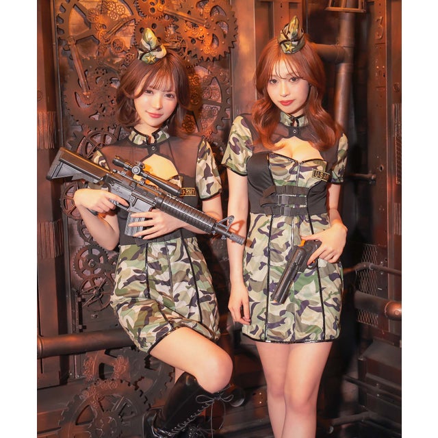 ハロウィン コスプレ かわいいバストカットアウト ジッパー セクシー タイト ツイン アーミー ポリス 4点セット （カモフラージュ）