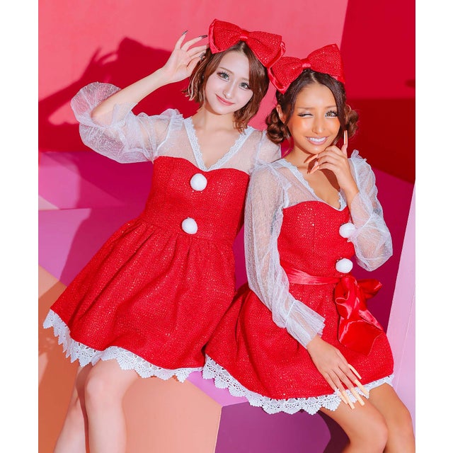サンタコス 2点set 袖ありシアーレースパフスリーブツイードスパンコールフレアスカートガーリー王道サンタツインコスプレ （レッド）