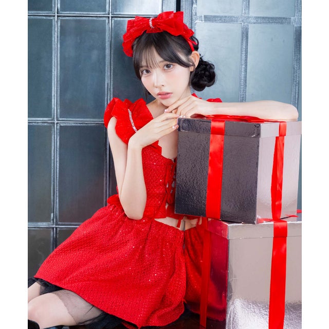 サンタコス 3点set フリルショルダーバストレースアップデザインツイードラメセパレートフレアスカートサンタコスプレドレス （レッド）