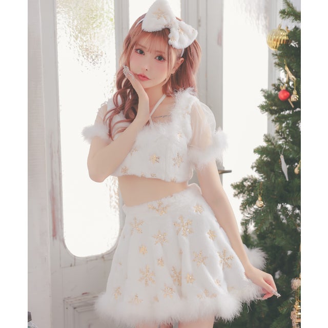 サンタコス 3点set クロスネックリボンへそ出しセパレートフレアスカートふわもこスパンコールスノウサンタコスプレドレス （ホワイト）