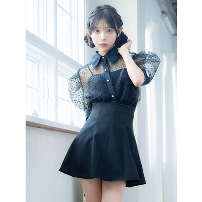 キャバドレス 韓国ドレス キャミ付き襟デザイン半袖ドット柄シアーシャツ×フレアミニスカートセットアップドレス｜詳細画像