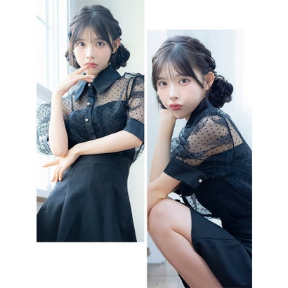 キャバドレス 韓国ドレス キャミ付き襟デザイン半袖ドット柄シアーシャツ×フレアミニスカートセットアップドレス｜詳細画像