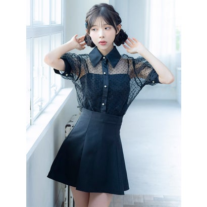 キャバドレス 韓国ドレス キャミ付き襟デザイン半袖ドット柄シアーシャツ×フレアミニスカートセットアップドレス｜詳細画像