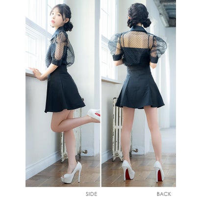 キャバドレス 韓国ドレス キャミ付き襟デザイン半袖ドット柄シアーシャツ×フレアミニスカートセットアップドレス｜詳細画像