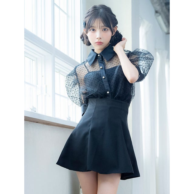 キャバドレス 韓国ドレス キャミ付き襟デザイン半袖ドット柄シアーシャツ×フレアミニスカートセットアップドレス