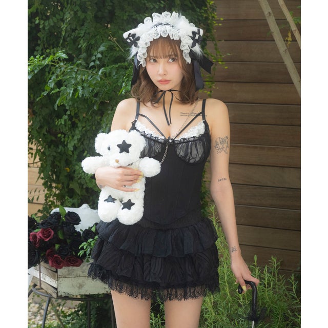 ハロウィン コスプレ かわいい 猫 体型カバー ロリータ レースフリル フレアスカート ガーリー アニマル 5点セット （ブラック）