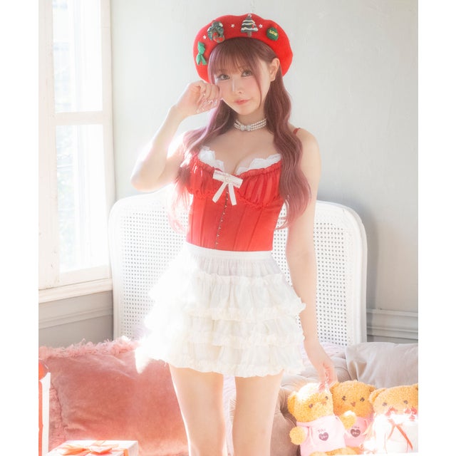 サンタコスプレ レース リボン コルセット ティアードフリル スカパン フレアスカート クリスマス コスチューム サンタコス 4点セット