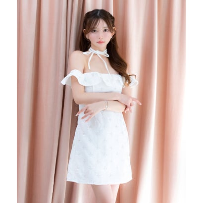 ティカ Tika キャバドレス ミニドレス オフショルダー ツイード Aライン ビジュー フラワー チョーカーリボン付き （ホワイト）｜詳細画像