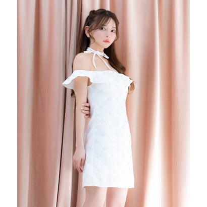 ティカ Tika キャバドレス ミニドレス オフショルダー ツイード Aライン ビジュー フラワー チョーカーリボン付き （ホワイト）｜詳細画像