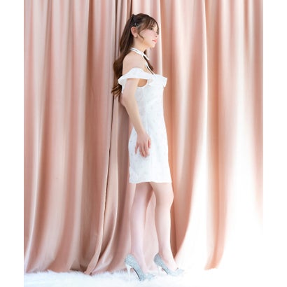 ティカ Tika キャバドレス ミニドレス オフショルダー ツイード Aライン ビジュー フラワー チョーカーリボン付き （ホワイト）｜詳細画像